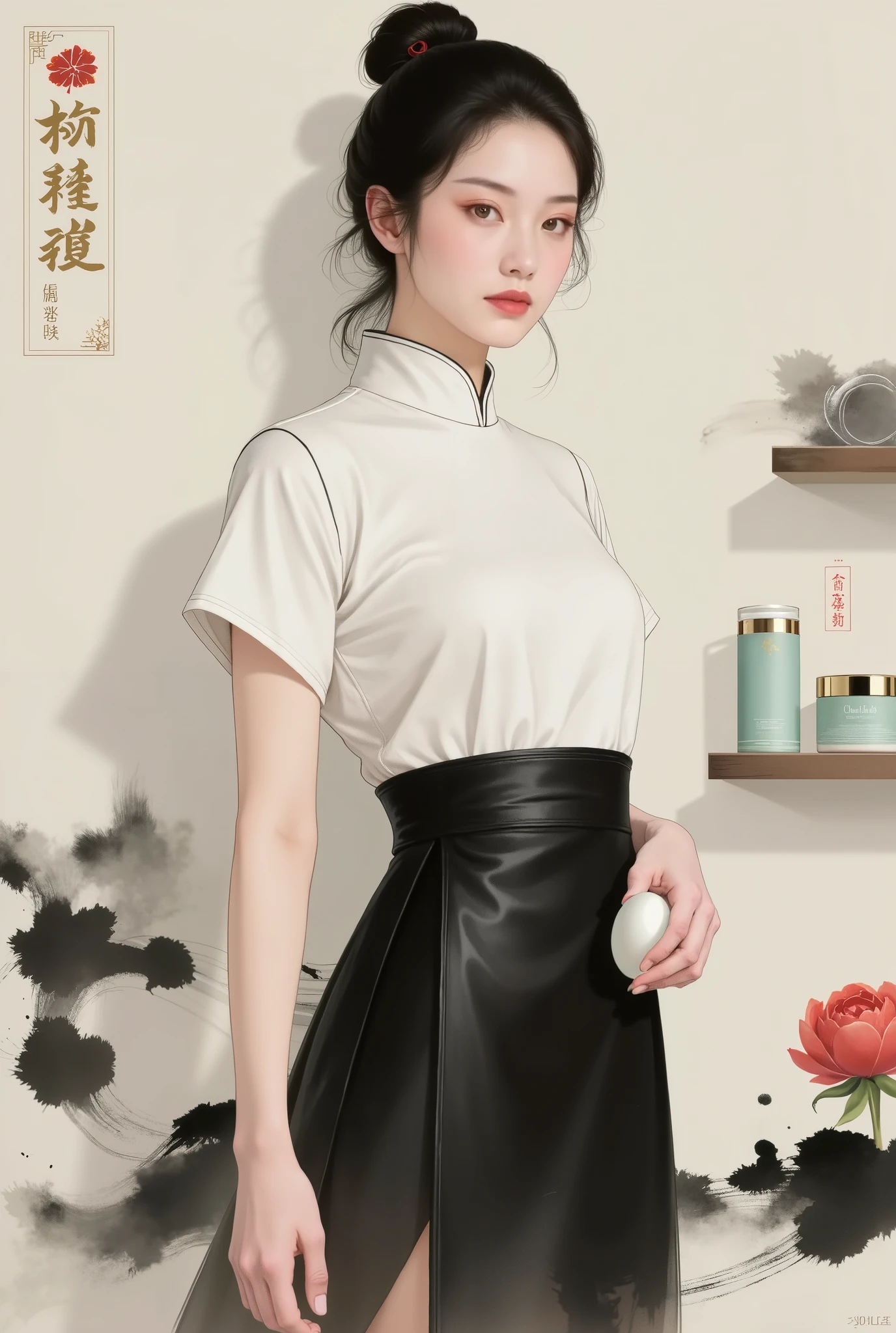 new national fashion beauty illustration,Oriental women,improved Hanfu white top+leather black dress,pearl metal step shake,Yuanshan eyebrow and bright lips,geometric gold leaf flower on the forehead,hand-held ink petals beauty egg,ink peony on the left side of the background+modern shelf(display celadon skincare products),gold calligraphy “Oriental beauty”,color white ink black+Vermilion stone green+Titanium,movie lighting,high contrast,commercial grade refinement,8k resolution