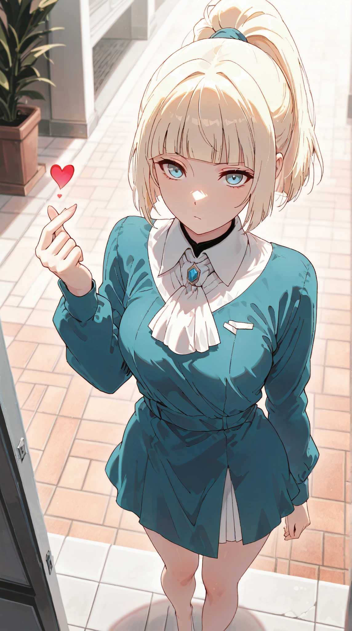 Score_9, Score_8_up, Score_7-up, Score 6-up, ScoreS Score 4_up,Best quality, High quality, Detailed, High resolution, 8k, Ultra high res, Professional quality, Perfect contrast, Perfect litthing, fern, Anatomically correct, Perfect face, Face perfect, Perfect hair, Perfect eyes, Perfect body, Perfect chest, Perfect arms, Flawless skin, Clear face, masterpiece, best quality,,, 1 woman, curvy,  medium breasts, bangs, light blue eyes, blonde hair, uneven blunt bangs, short hair, ponytail,  kana01,,,, finger heart, collared blue dress, long sleeves, white ascot, bare legs, white flats