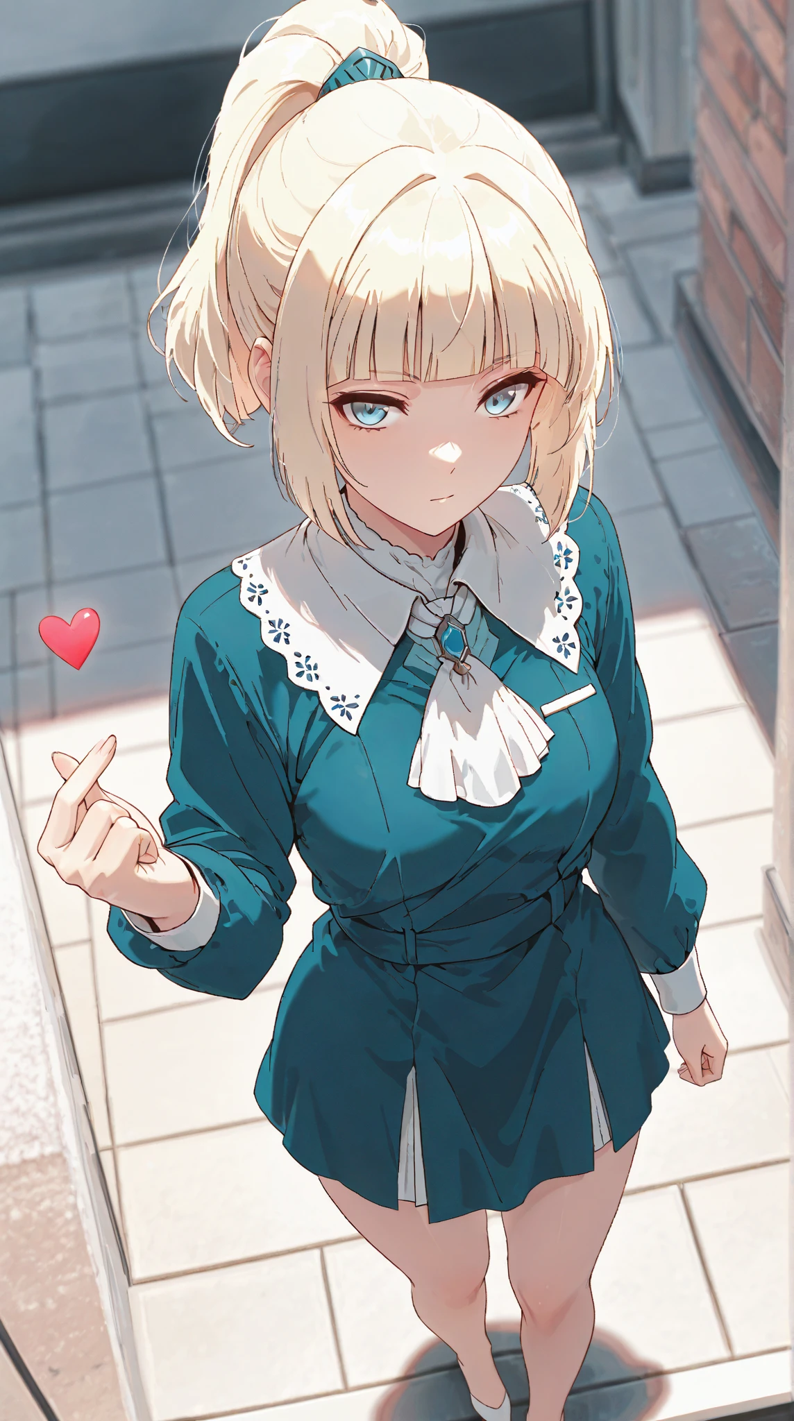 Score_9, Score_8_up, Score_7-up, Score 6-up, ScoreS Score 4_up,Best quality, High quality, Detailed, High resolution, 8k, Ultra high res, Professional quality, Perfect contrast, Perfect litthing, fern, Anatomically correct, Perfect face, Face perfect, Perfect hair, Perfect eyes, Perfect body, Perfect chest, Perfect arms, Flawless skin, Clear face, masterpiece, best quality,,, 1 woman, curvy,  medium breasts, bangs, light blue eyes, blonde hair, uneven blunt bangs, short hair, ponytail,  kana01,,,, finger heart, collared blue dress, long sleeves, white ascot, bare legs, white flats