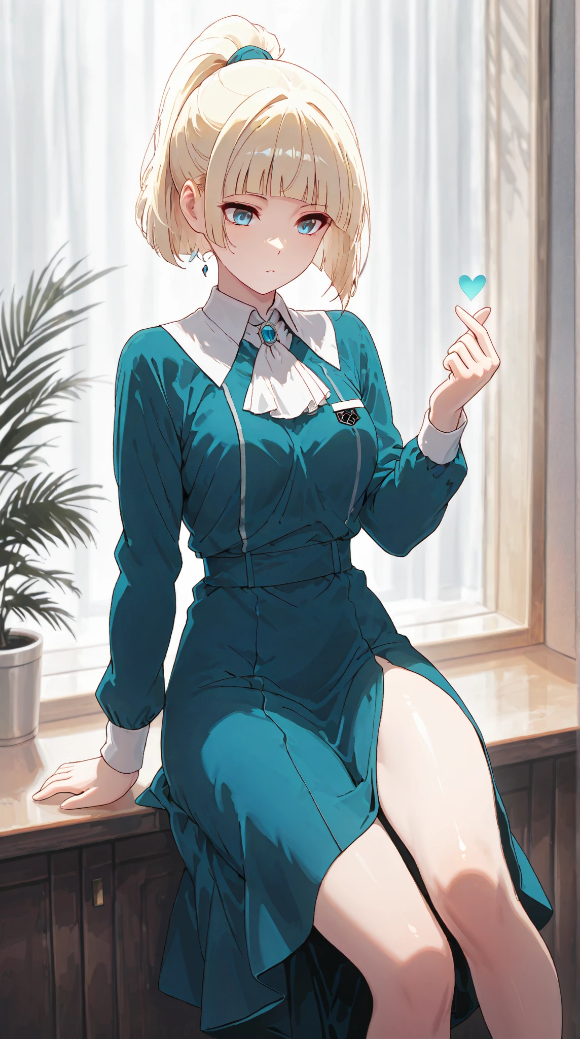 Score_9, Score_8_up, Score_7-up, Score 6-up, ScoreS Score 4_up,Best quality, High quality, Detailed, High resolution, 8k, Ultra high res, Professional quality, Perfect contrast, Perfect litthing, fern, Anatomically correct, Perfect face, Face perfect, Perfect hair, Perfect eyes, Perfect body, Perfect chest, Perfect arms, Flawless skin, Clear face, masterpiece, best quality,,, 1 woman, curvy,  medium breasts, bangs, light blue eyes, blonde hair, uneven blunt bangs, short hair, ponytail,  kana01,,,, finger heart, collared blue dress, long sleeves, white ascot, bare legs, white flats