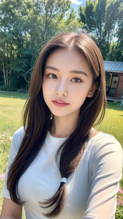 Full body angle、((highest quality, 8K, masterpiece:1.3)), concentrated:1.2, Perfect body beauty:1.4, Hips:1.2, ((Delicate Hair)), (Colorful lettuce cut mock neck see-through top without bra、 :1.1) , ((highest quality、8K、masterpiece:1.3))、1 Girl、A sloppy smile、Esbian all over、Slim face、Big 、Beautiful woman、(Dark Brown Hair)、Long Hair、1.1、Flickering Valley、Detailed eyes、double eyelid、Blurred Background、超Slim face、Looking down、garden、