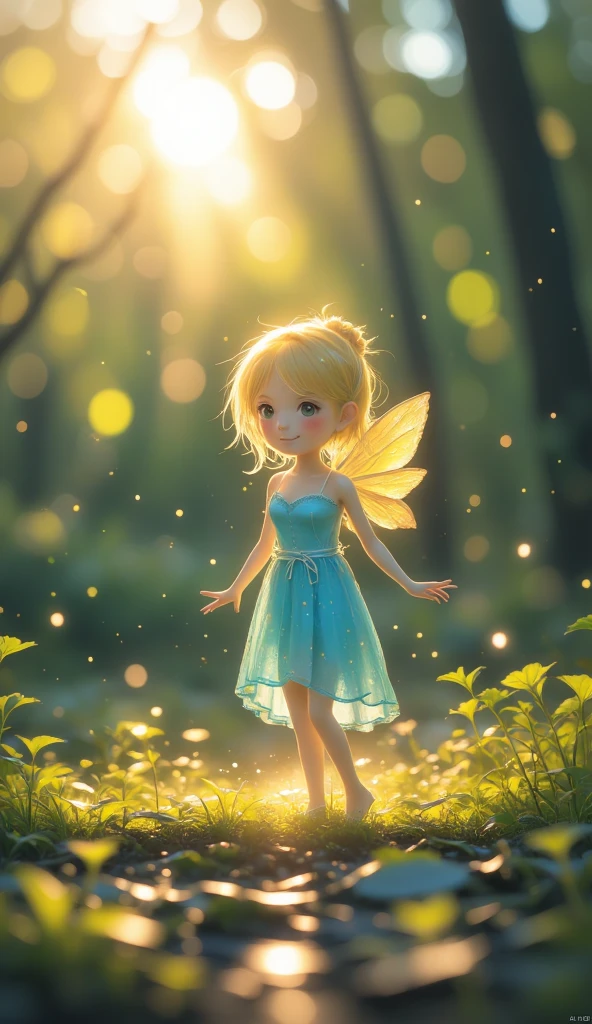 she was only a few inches tall、It has translucent light green wings.。sheの金色の髪は肩まで届く、sheの目は小さな星のように輝いている, pure blue。sheのドレスは花びらでできている、It sways gently with every wind.。Holding a magic wand in his hand、There is a shining star at the tip。she'In the depths of the night forest,、woodの上の月明かり々wood々Sunlight filtering through the leaves as I stand beside a quiet lake.。sheの周り、A small firefly glows、sheを囲んで踊っています