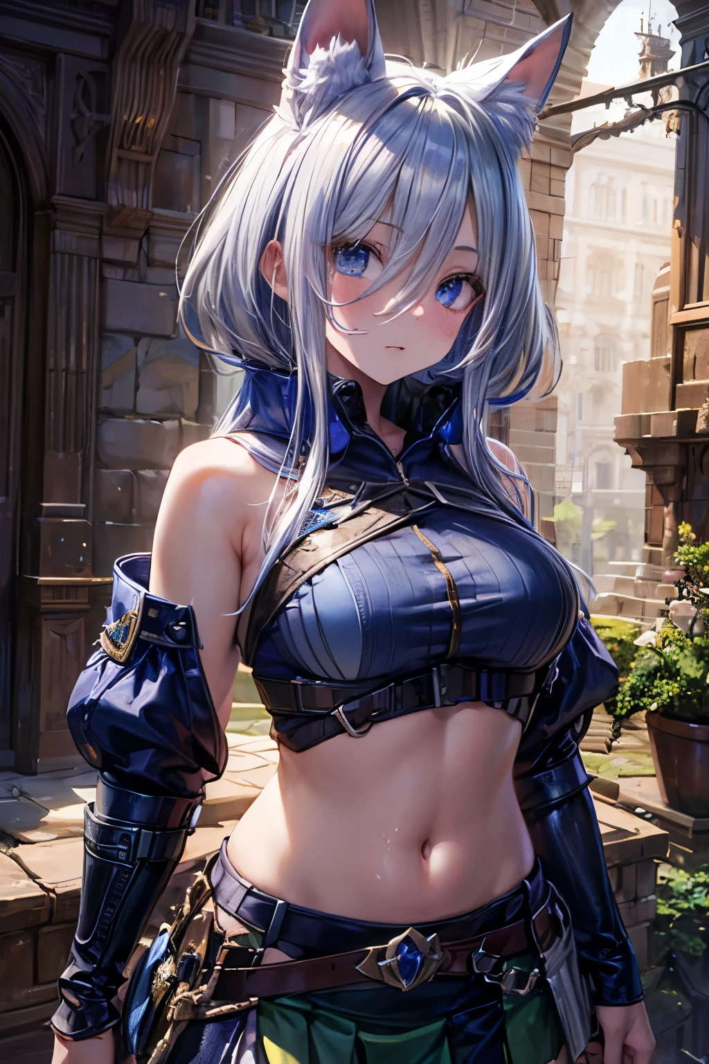 cute halfling thief woman with thick grey hair and bright blue eyes in leather armor