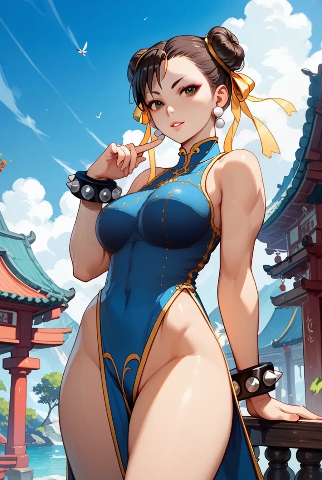 Close up portrait of a woman in a blue and white costume, portrait of chun - li, chun - li, Chun-li, chun li, portrait of chun li, chun li at the gym, very detailed Artgerm, Trending on CGSTATION, by Leng Mei, Seductive Anime Girl, Voluptuous body, curvy body, Tifa Lockhart, Naughty anime style, plus size model, Scruffy body,Erotic manga style body, Married woman style,