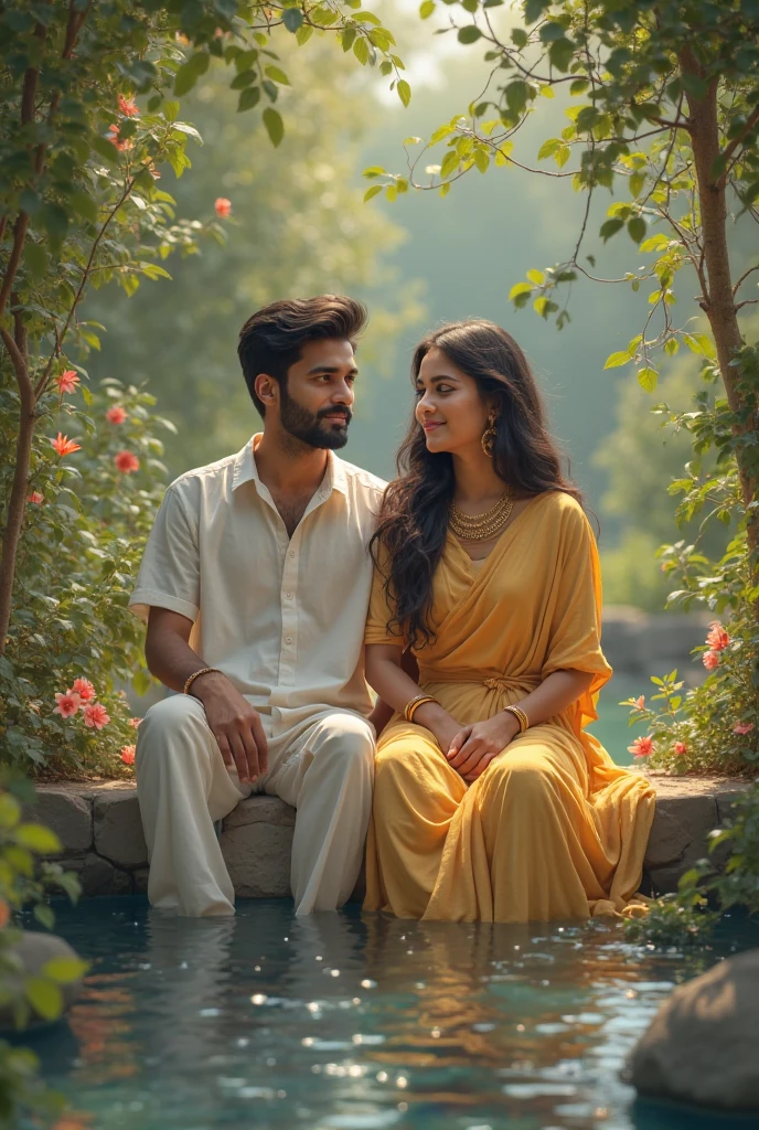(photorealism:1.2), beautiful woman, sitting with his boyfriend on garden, wearing desi dress , drink coffee on the table, a beautiful flowers in the garden on background, Sikandar & Zoya name written in frame on back