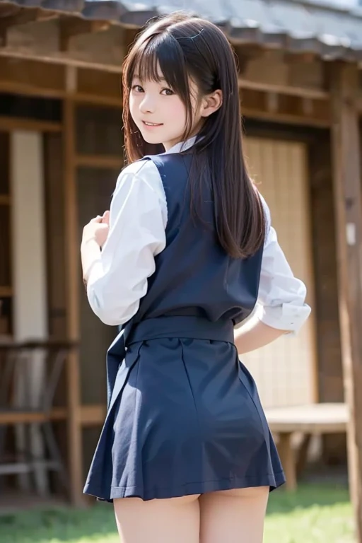 ((masutepiece, Best Quality, hight resolution, nffsw, Perfect Pixel, 4K, nffsw, nffsw))), 1girl in, Single, Solo, Beautie、full body seen, ((Middle Wave Hair, Bangs, Brown hair)), ((Brown-eyed, Beautiful eyelashes, Realistic eyes)), ((Detailed face, Blushing:1.2)), ((Smooth texture:0.75, Realistic texture:0.65, Photorealistic:1.1, Anime CG style)), large full breasts, Dynamic Angle, Perfect body, ((English Made, white frilled maid headband, frilled blouse, Ribbon Ties, pinafore, Dark blue mini skirt, silk socks, high-heels)), City staircase, Looking up from the bottom of the stairs, Very embarrassing, Panic Smile, turned around, bending forward, ((The wind flipped my skirt and exposed my butt....................., Looking back, Touching the buttocks with both hands, Silk lace panties, shiny thighs)),