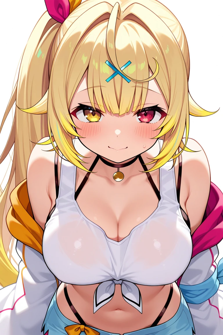 One Woman、(Chibi Character、Nendoroid、five-headed body、Front view、upright、Simple Background、Flat Color)、Blonde Hair、long hair、Hair between the eyes、Big Breasts、Huge breasts、Completely naked、Nipples、Large areola、Smiling、