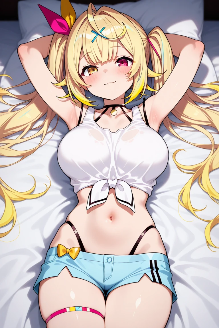 (best quality:1.2), (ultra detailed:1.2),(masterpiece:1.2),(8k:1.2),(watamebase, very long hair, ahoge, hairclip,cape),(Blessed,Captivating body、Ultra detailed hands、Ultra-detailed eyes、Ultra-detailed skin、ultra-detailed face,Detailed Background),One Girl、(sandy beach ,lie down,arms up:1.5), (craving, ???????:1.7),(White bikini:1.5)