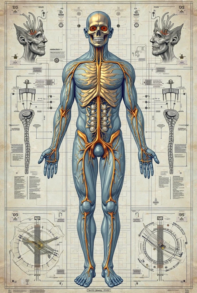 (detailed,high quality)Blueprints of the Human Anatomy, (multicolored,digital)sketch, (bold,slick,clean) design with clean lines, (glossy, metallic finish), (detailed) notes, (blueprint-style), (perfect,awesome) composition.