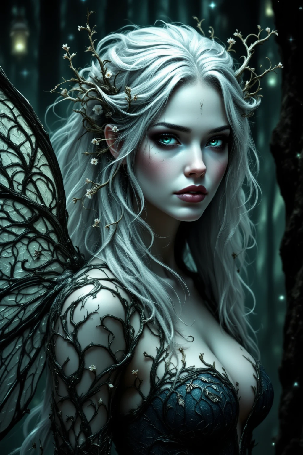 (((hauntingly ethereal beautiful nymph of presence emanates an eerie enchantment with Neuron fog that envelops everything illustration:1.3))), (in the forest, with include sadness, fear, coercion, ultimate beauty:1.3), remarkably lifelike painting, pale brown eyes, white golden hair, smooth and flowless skin, exquisite attention to detail, seamless blend, supernatural beauty trapped in a mystical realm. highest quality, highly quality, flowing hair adorned with delicate flowers, beautiful mysterious glow, (((extremely insane details:1.3))),