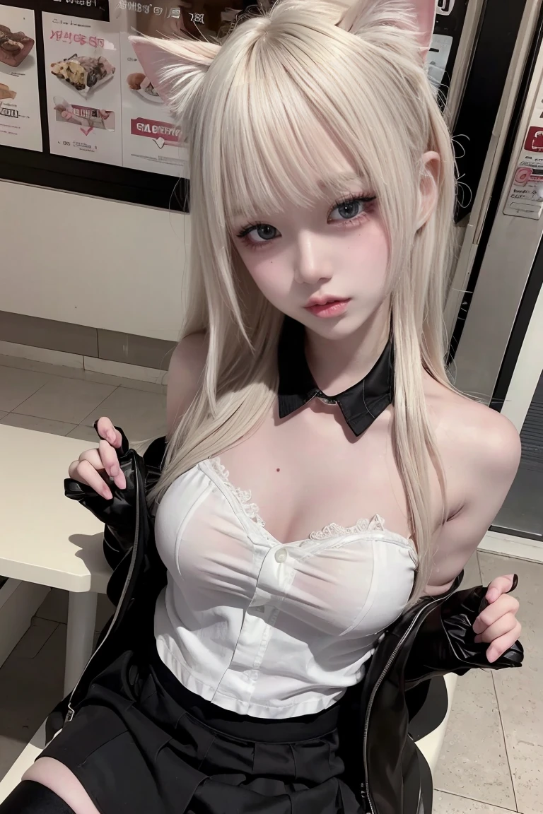 Lovely Chinese woman,Yellow-haired hair,Black pupils,teens girl,Beth,floor to ceiling window,The city outside the window,long whitr hair