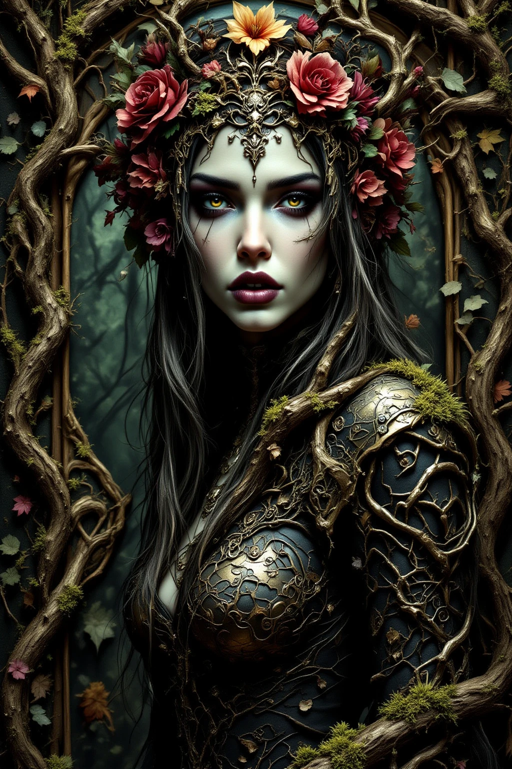 forest faerie oracle, surrounded by twisted tree branches, moss, and dry leaves, dark fantasy embroidered tapestry panel, ornate floral crown, bark-textured armor, solemn gaze, bold outline style, jagged edges, light shading, trashcore, mystical woodland decay, baroque symmetry