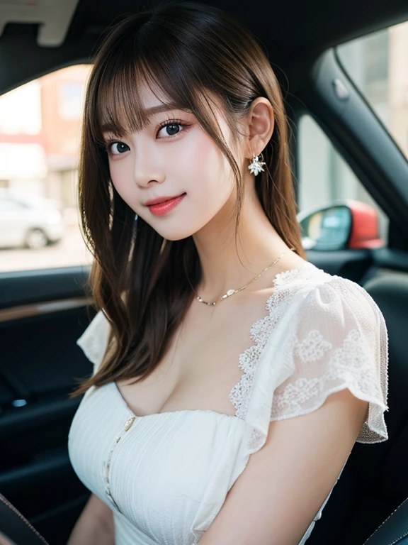 Inside a luxury car, Highest quality, shape, Very detailed, In detail, High resolution, 8k wallpaper, Perfect dynamic composition, Beautiful details,  Natural Lip,Cute One Piece , Big Breasts, Cleavage, Smiling in random sexy poses, A masterpiece of the whole body, 