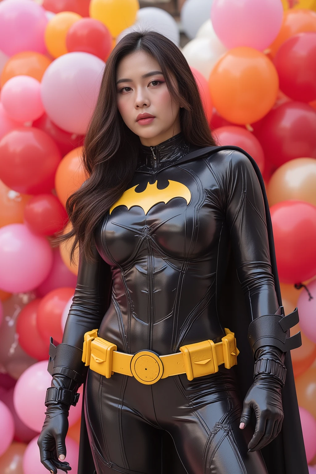 busty curvy super muscular korean female wearing batman rubber suit surrounded by balloons 