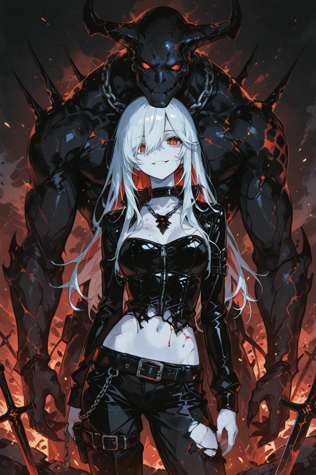 thick outlines, dark, 1girl, character focus, looking at viewer, red eyes, long hair, white hair, expressionless, defiant, torn clothes, undead, cyberpunk\(theme\), cowboy shot, wind, fire, city ruins, fog, foreshortening, dynamic angle, from below, close-up