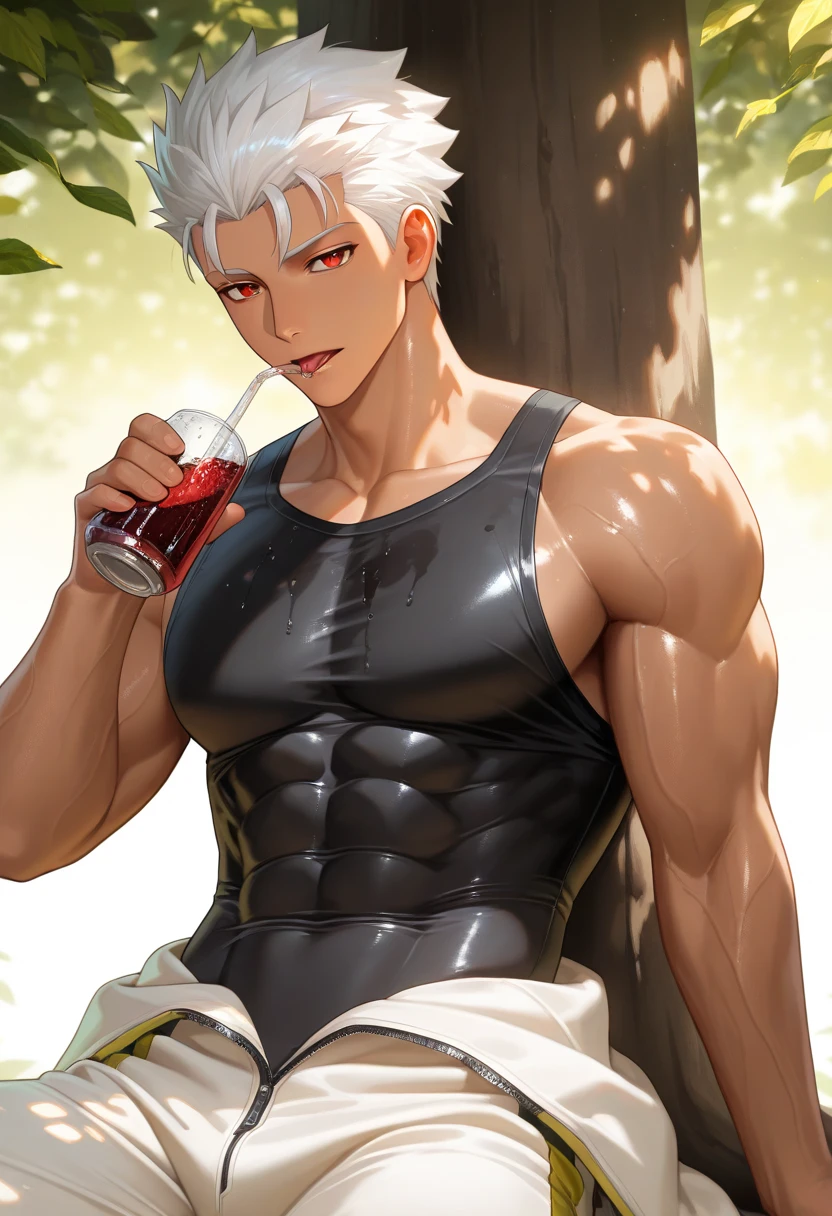 1 person,male face,Mature,30 years old,((dark skin)), Gray hair,samurai hair,Pointed ears,muscle,High, Green Eyes, Smile, Lake with forest in the background,Athlete's physique, male, Rainbow-colored skin, flat chest,(Sexy),Black sports shorts,prince,There is a group of green orcs in the background,Take a walk away from the lake, wet,masterpiece,HD,4K