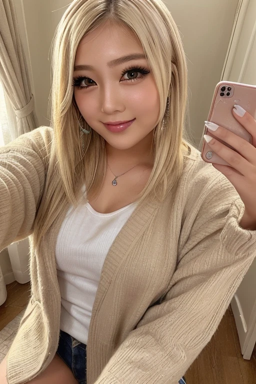 (Highest quality、4K、8k、High resolution、masterpiece:1.2)、Very detailed、(Real、Photorealistic、Photorealistic:1.37)、Messy room、Video streaming、Blonde、Gal Makeup、A flashy zip-up hoodie in pastel colors、Tank top under hoodie、Big Breasts、Sloppy open chest、Talking to a webcam、income、headset、smile、Open your mouth、Emphasize cleavage、Underwear drying indoors