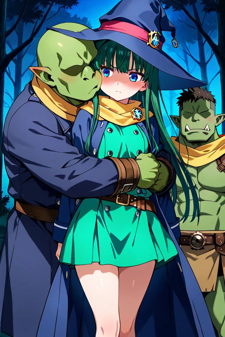 masterpiece, ((goblinriding, a goblin is riding a girl,)) goblin, mutiple goblins, goblins, (all fours), 1girl, (slave:1.1), (nose hook), reins, collar, chain, rope, obey, happy trance, smile, expressionless, emotionless, blank eyes, empty eyes, mind control, (((pixel-perfect, detail-perfect))), solo, 1girl, hair ornaments, long hair, black hair, purple eyes, huge breast, collar, obey, yamashiro ren