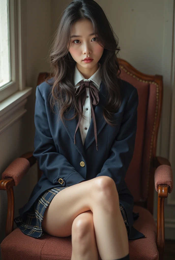 ((top-quality, 11, master-piece: 1.3)), crisp focus: 1.2, A beautiful woman with perfect body: 1.4, Slender abs: 1.2, ((Long wavy hair)), ((small: 1.4)), ((K-pop idol: 1.3)), ((sweaty: 1.4)), (((High School Uniform 1.5)), (White sofa), Highly detailed face and skin, highly detail eyes, 二重まぶた, ((posture)), (enchant)), Wet and glossy skin, ((heat: 1.6)), (spread legs))