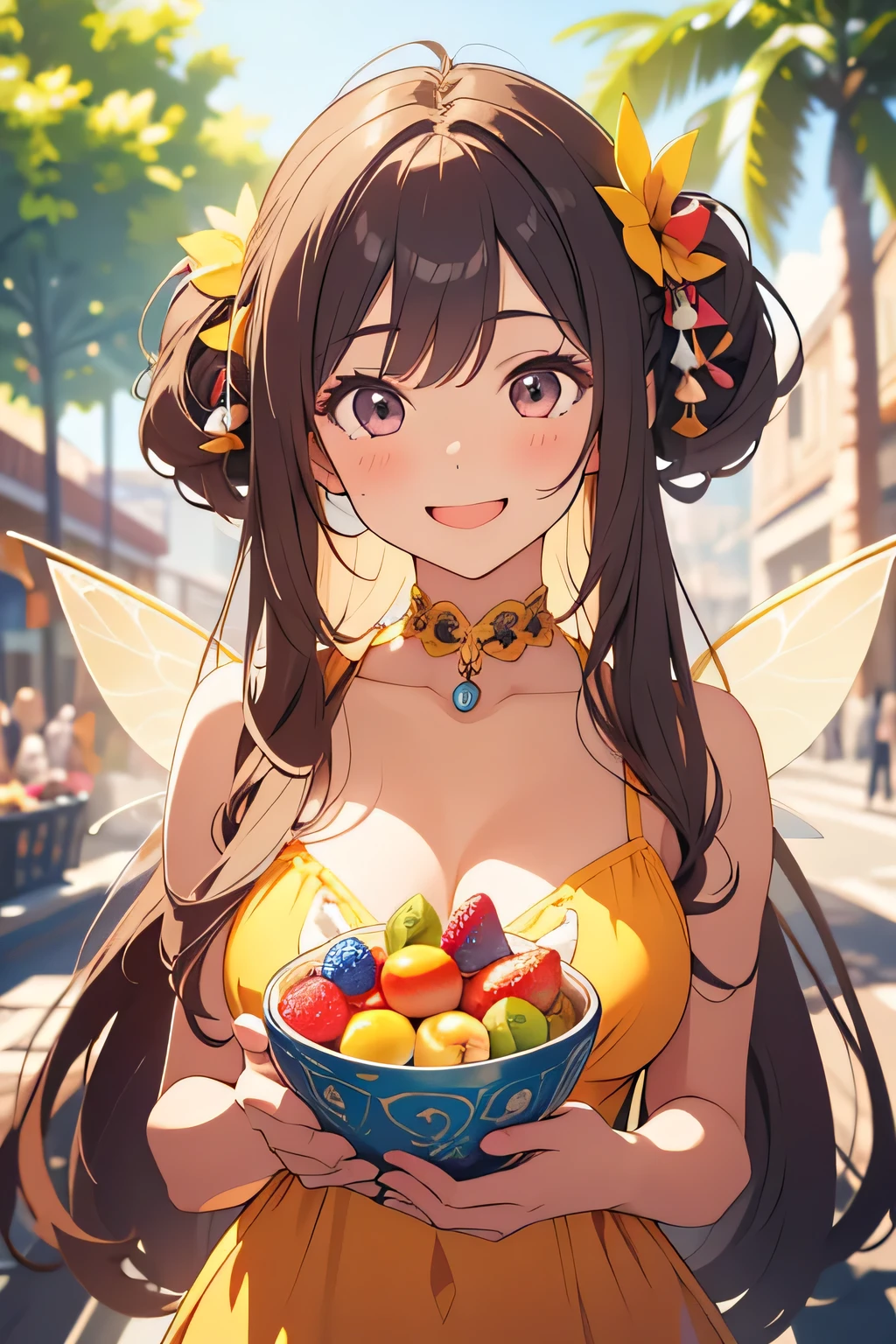 ((fruit fairy)),best quality, elaborate illustrations, Sexy and cute expression, Powerful and beautiful eye shadow, delicate and shining eyes, best quality, beauty ballerina、brown gradient hair (yellow highlights)、big bust, thick thighs((whole body))、(( Photo taken at an apple farm))), fresh apples