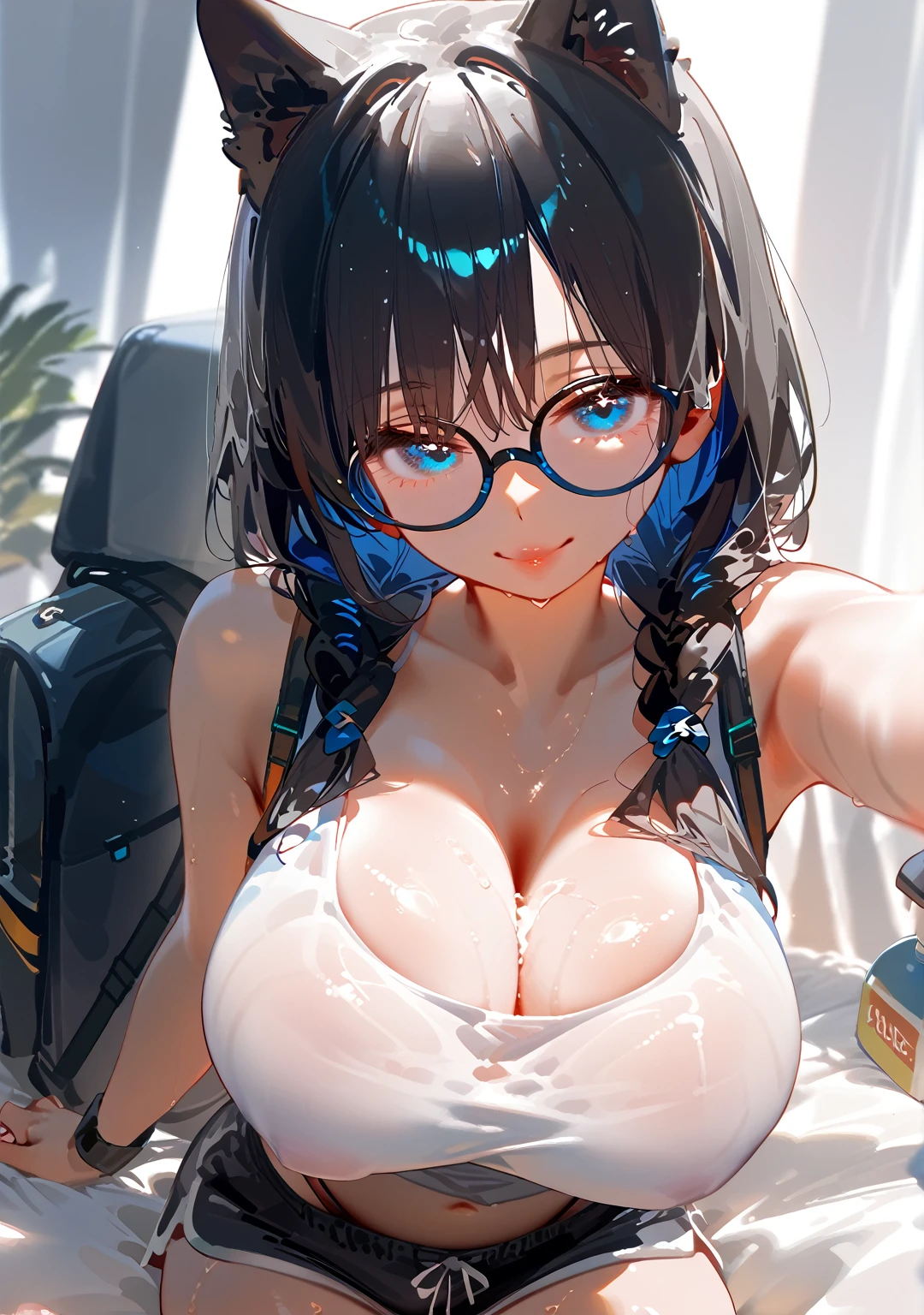 highest quality,wonderful,finely,extremely detailed CG unity 8k wallpaper,1 girl,priest(dq3), (huge breasts, erect nipples:1.2),(Light blue striped micro bikini:1.4),open your mouth, Drool, black hair, glasses, blue eyes,twin tails, highest quality,Super detailed,unity 8k wallpaper,game CG,
