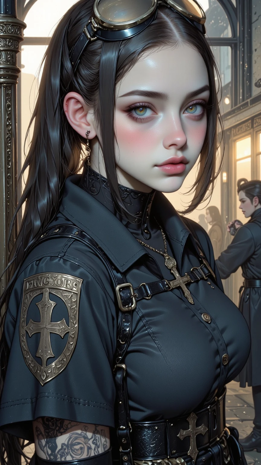 high quality, masterpiece, detailed, detailed face and eyes, woman, (bionic eye:1.2), portrait, (gothic architecture:1.3), military uniform, cable, wires, digital painting, <lora:bioniceyeLoRA1.0:0.7>
