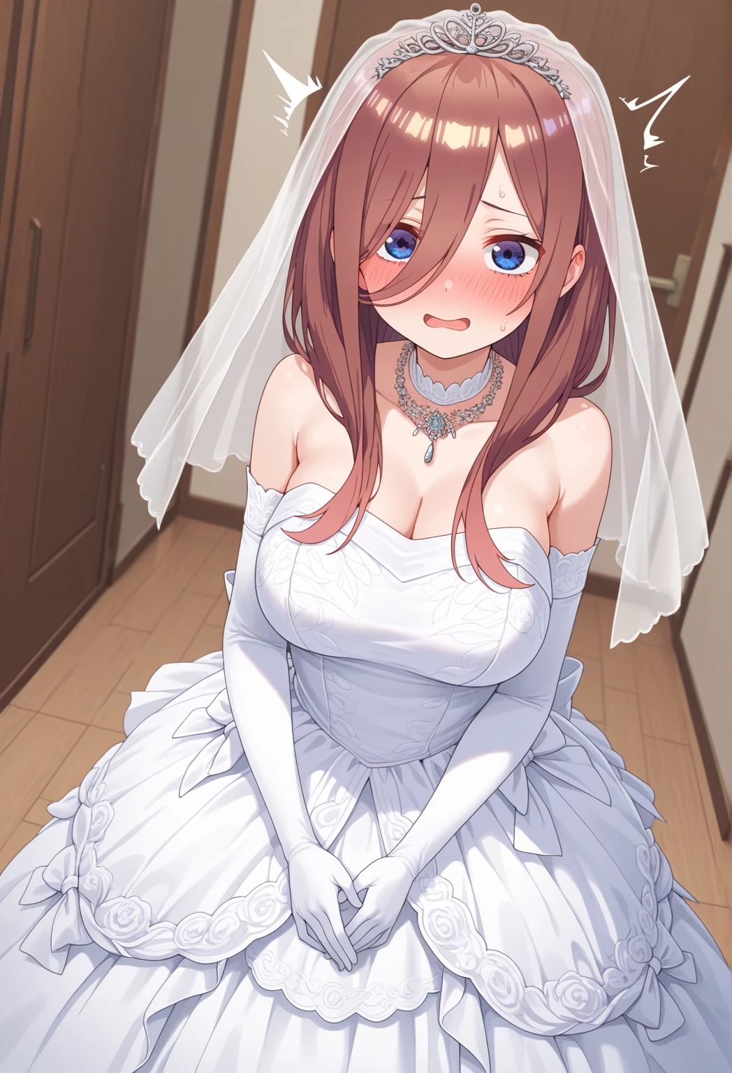 1girl, alone, Miku Nakano, blue eyes, medium hair, brown hair, seductive, embarrassed, smiling, mouth closed,Highest quality、Highly detailed anime super detail、masterpiece、tre anatomically correct、Detailed hand、(Mother 1.6)、 8k、Ponytail、red tide、sexual arousal、Top line、Huge chest、thighs thighs thighs thighs thighs、sweating profusely、Congestion、Ahegao、Torogao、Elbow-length gloves、White Glove、(wedding dress:1.6)、 Realistic hydrated skin、(Soaked body:1.3)、large breasts, medium waist, medium hips, wide thighs,Detail Eye、NSFW、Erotick、cum on、Clothes with less fabric area、armpits、bedroom、a bed、Teats see a through、(nursing、Urinating:1.2)、masturbation、The whole body is reflected