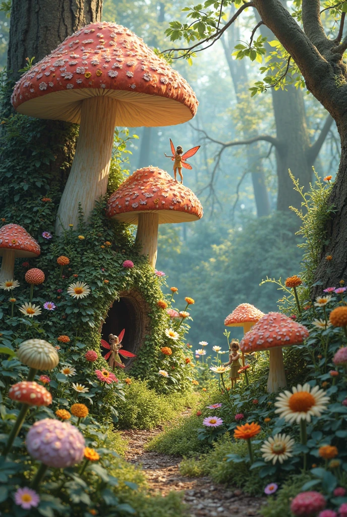  fairy forest, live with lots of colorful flowers and trees, fantasy genre, where little people, under mushrooms, 
