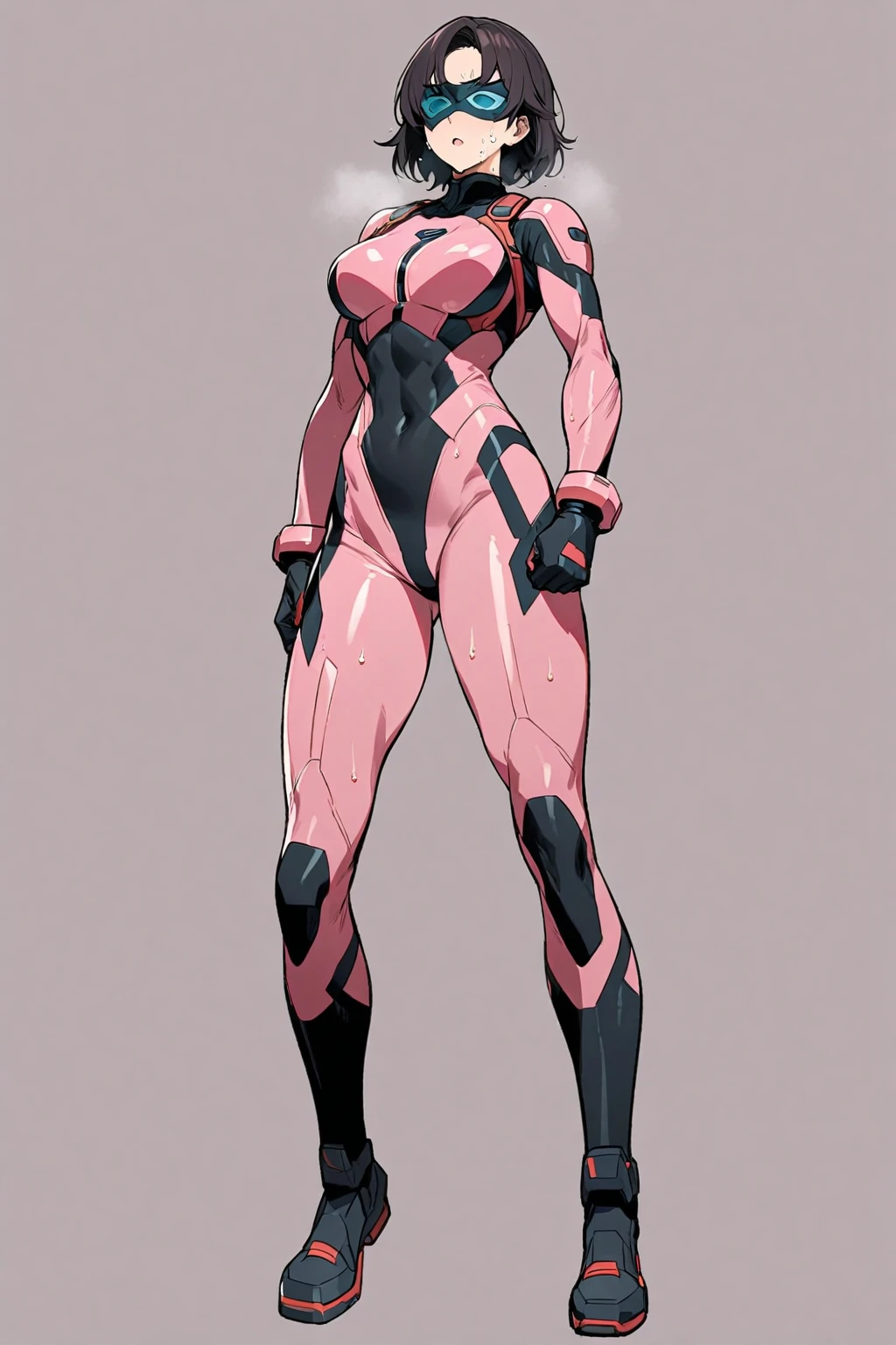 comics style ,western anime, Beautiful girl, Muscular, (Boxer), Cleavage, (skin tight, swimsuit), Abs, (tattoo), big breasts, light blue (emo_hairstyle) with pink highlights, makeup,