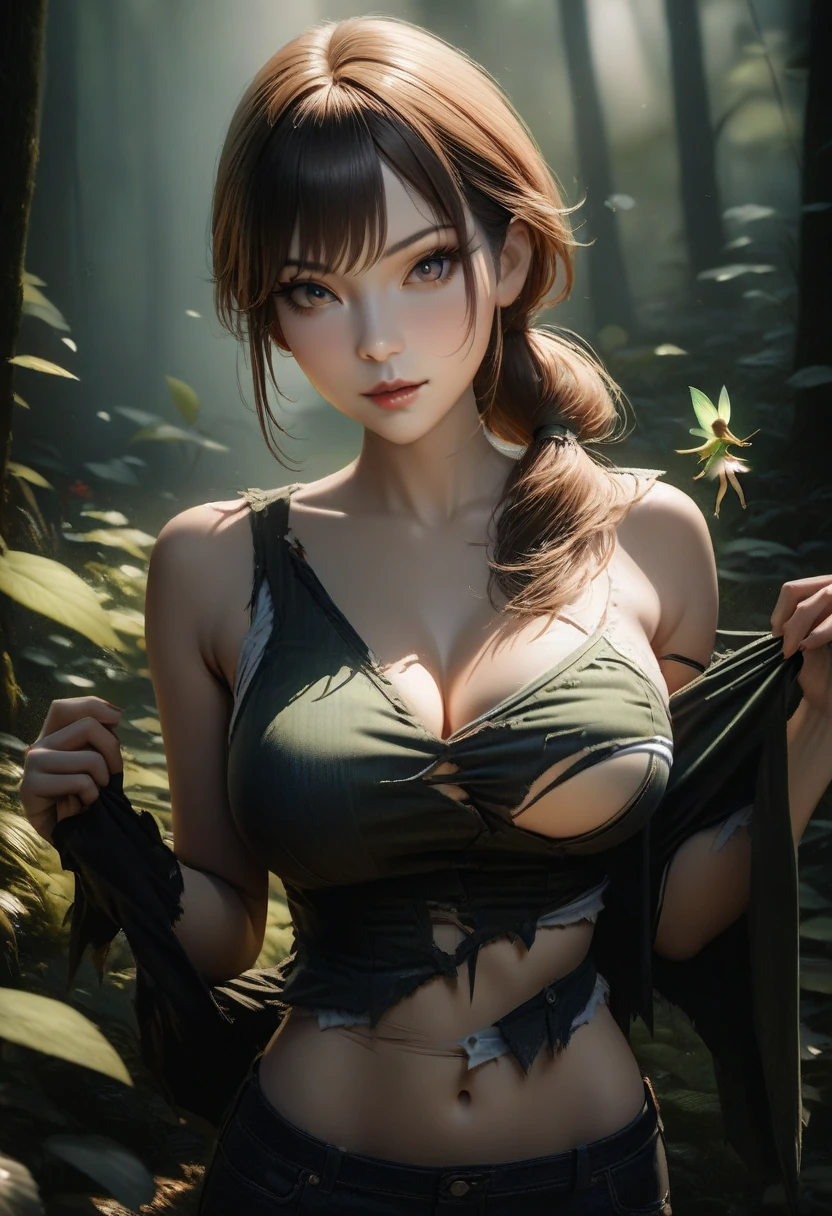 A beautiful princess woman who grew up naturally in the forest, wild clothes, a little paint on her body, short hair, Ghibli style, masterpiece, cleavage, paint on her thighs, red and white paint on her cheeks, look