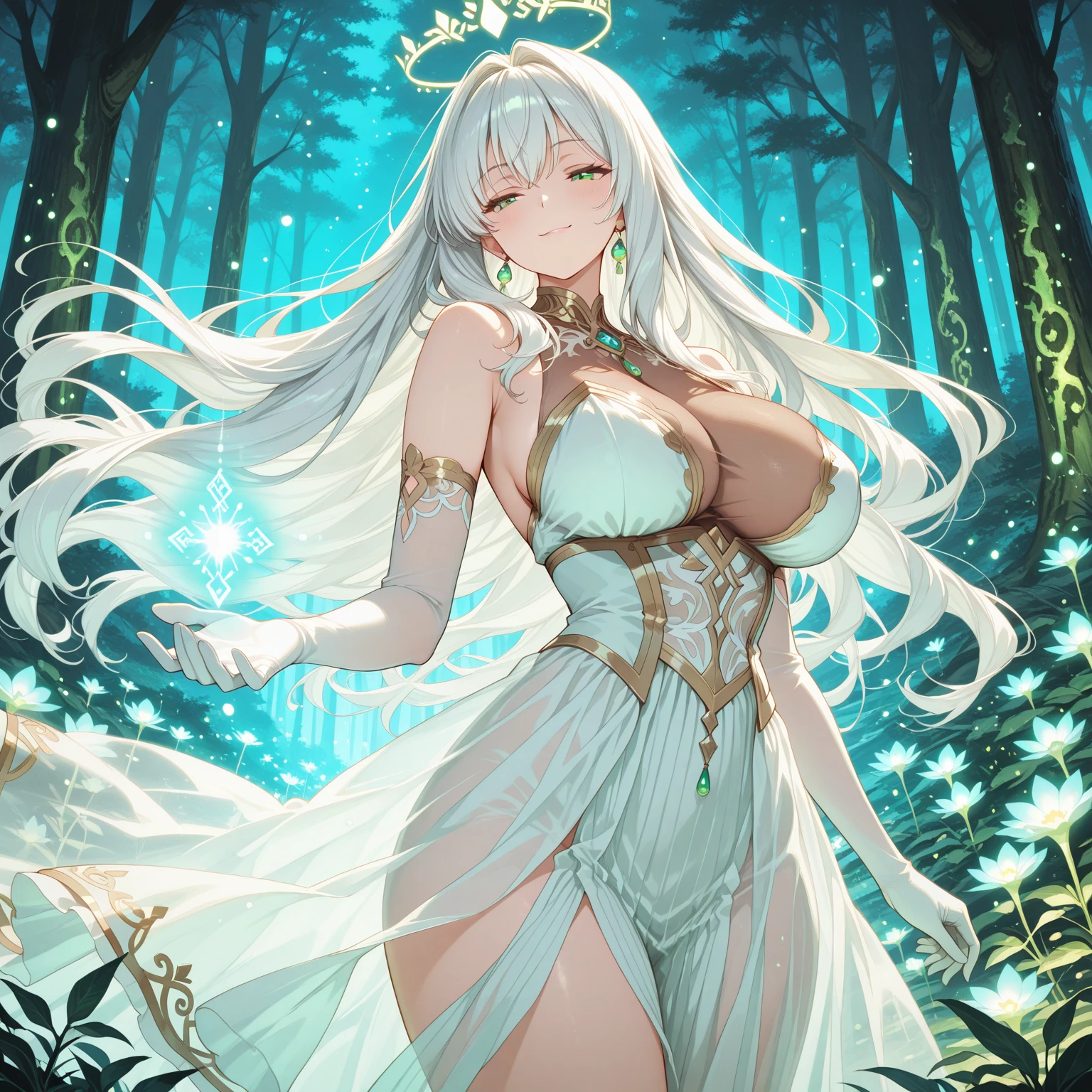 Illustrate an anime girl with flowing hair, adorned in an elegant gown, and surrounded by a soft glow of magic, white hair, large breasts, sexy, cowboy shot, green eyes, happy