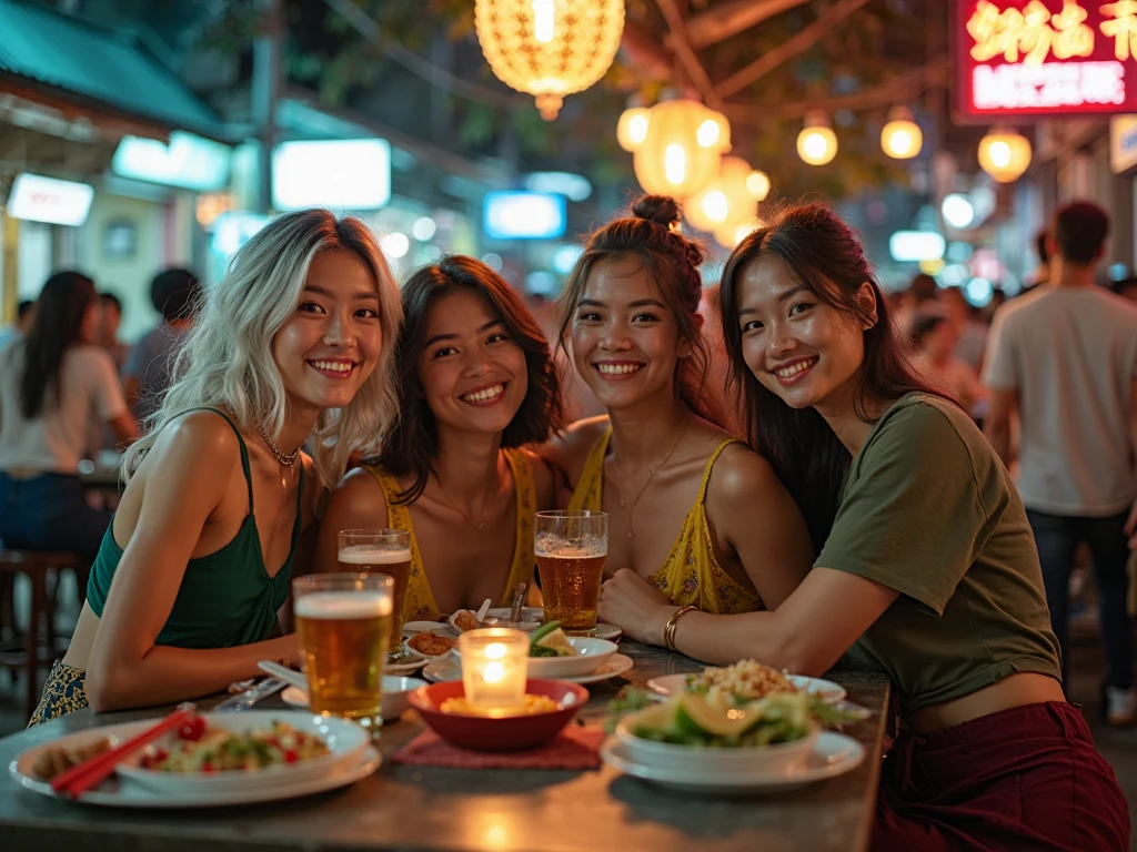 A beautiful asian women, long straight black hair, big breast, big breasts , big tits , busty, big chest,double eyelids, beautiful face, hd, realistic detailed, wearing a sexy off shoulder top, jeans,at the restaurant, with her best friends, girlfriends, friends, with best friends , foods on table , with her best friends, taking pictures, everyone posing for the camera