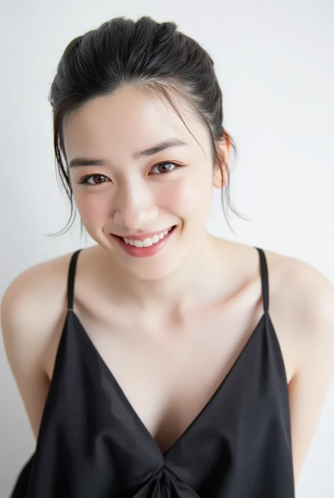 Place your hands on your head、Show your side、1people、Delicate skin quality、日本people、((Highest quality, 4K, Masterpiece: 1.3)), Beautiful style: 1.4, Long black hair, White short tank top, Large Breasts, Wet body, Sweaty, Place your arms on your hips, smile, Teacher Outfit, Highly detailed face and skin texture, Fine grain, double eyelid、The whole body is visible、White teeth、Teaching lessons