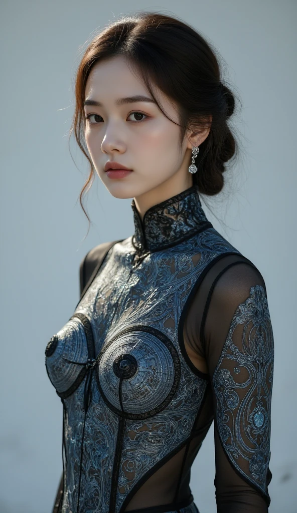 Clothing creative fashion design,Iris van Herpen designer style,Marine life curve,Sense of lines,bone structure,Symmetrical design,Blue and white lines,Highlight sexiness,Japanese model,big breasts,Most popular。