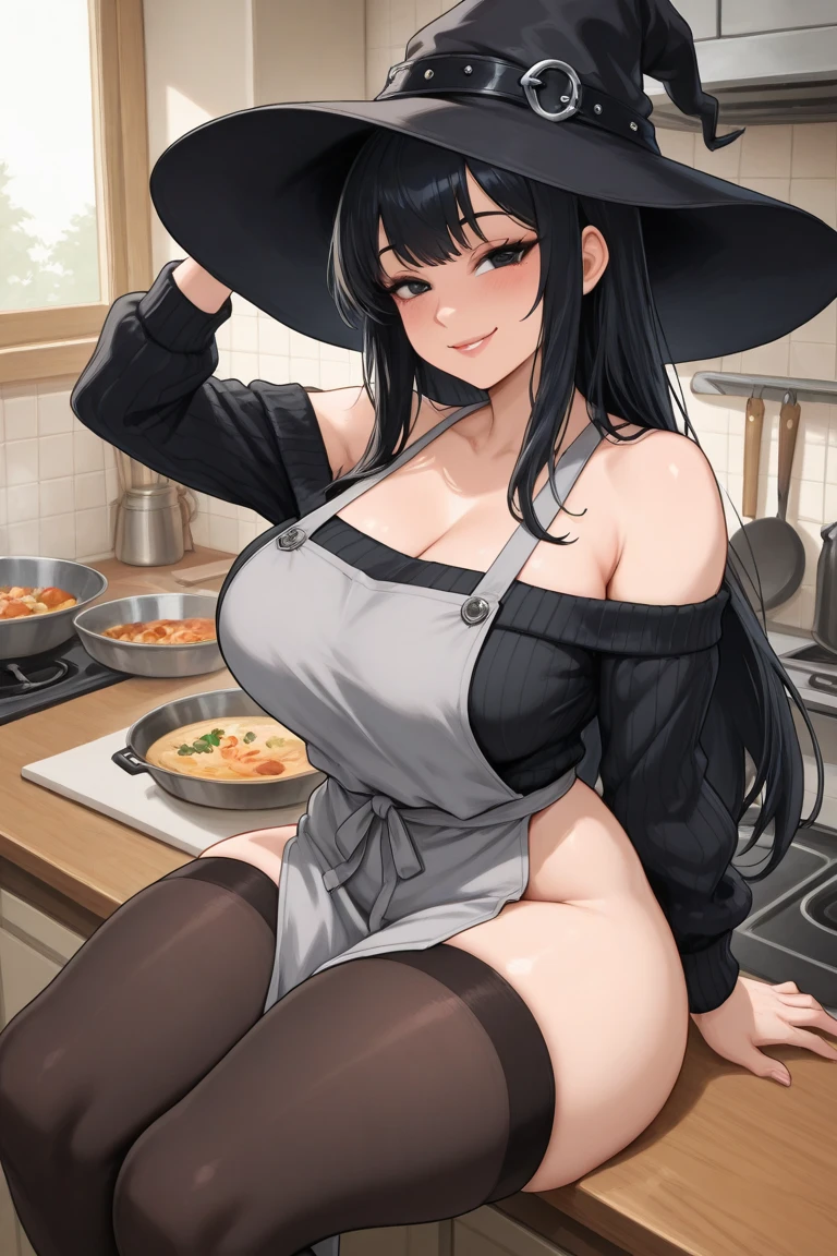 , ((perfect body))perfect hand, perfect leg,((super detailed skin))((glistening skin))(gleaming skin)sweat(ultra-detailed)(high resolution)(extremely detailed CG)perfect body, perfect finger, (super detailed skin)) ((glistening skin)) (gleaming skin) ((bare top)) ((bare bottom))) large breasts, mature woman, white apron, under bare apron, side back shot, wide hip , cowboy shot, beautiful face,kitchen room