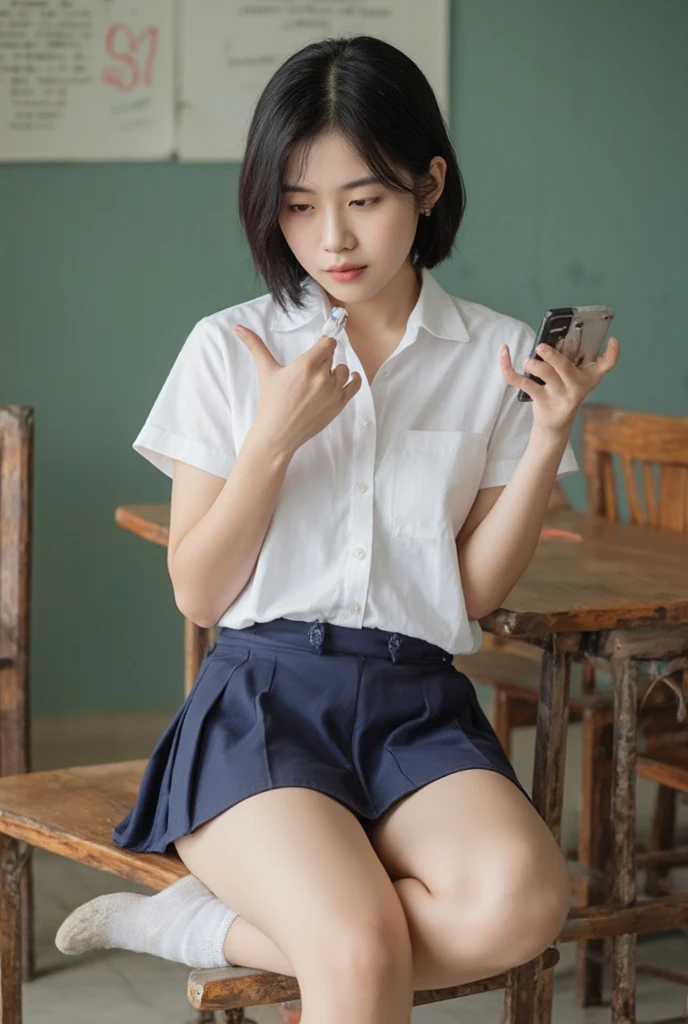 (Beautiful young woman)、(Spreading her legs wide)、revealing her vagina, (Wearing a skirt from below)、short wavy hair, revealing her vagina, Peeping at her vagina and taking photos、Flushing, Blushing、Staring at the camera, at the bartender's table in the clubbing, dildo on vagina, holding glass bottle. Puplic covered human,
