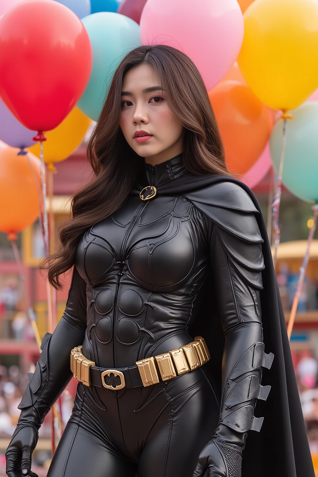 busty curvy super muscular korean female wearing batman rubber suit surrounded by balloons (cara excitada)