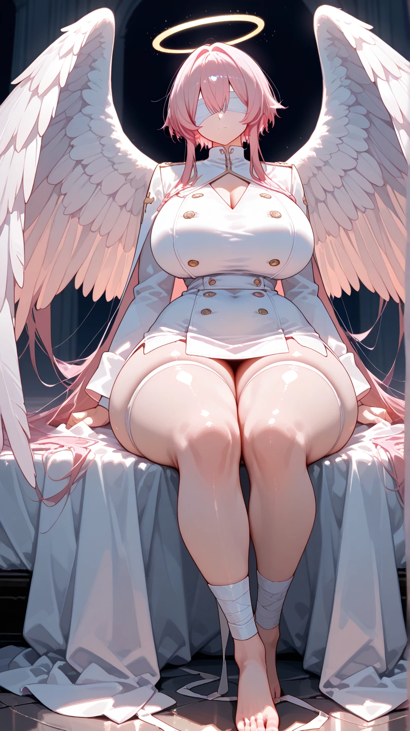 sky background, 1 mature woman, pink blond hair, big breast, in white laced lingerie, closed eyes, :o, dirty, injured, bleed, unconscious, falling, white wings, wing hair ornament, earrings, head to thigh, scattering feathers, tottering, arched, bend, defeated, scenery
