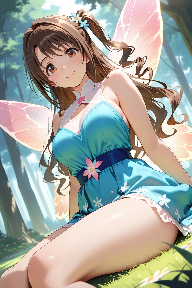 A beautiful 20 years old girl walking in a field of flowers, blue sky with white clouds, artistic fairy costume green mini dress, low-cut and sleeveless dress, crystal high heels, defined hands and legs, full body, looks like a sexy model, a pair of translucent wings, butterflies around, big rounds breasts, cleavage, high heels, dark brown hair, long hair, wavy hair, long bangs, expressive hair, shiny hair, hairclip, hairband, leaf hair ornament, aqua eyes, glowing eyes, pupils sparkling, blush, glossy lips, crystal earrings, pointy ears, smile, fingersmile, seductive smile, naughty face, Color Field painting, high detail, anime, dithering, image fill, first-person view, wide shot, from above, perspective, Wide-Angle, f/1.8, 85mm, Sony FE GM, 8k, 8k wallpaper, super detail, highly detailed CG, UHD, retina, masterpiece, accurate, anatomically correct, textured skin, highres, best quality:1.3, 16k