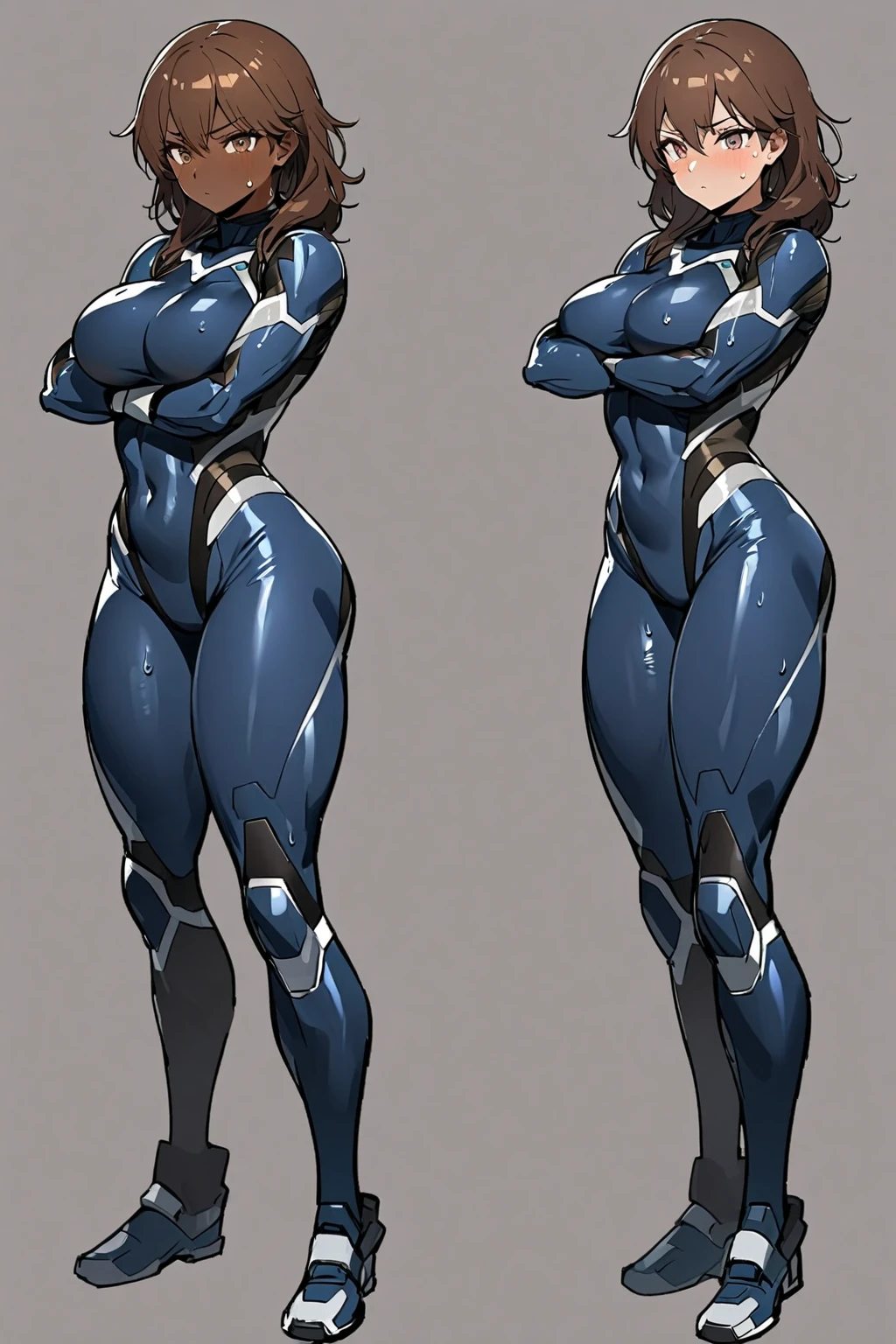 (Muscular:1.7), (thick thighs:1.7),
blonde female, (samus), blunt bangs, ponytail,
lipstick, eyeshadow,
(small breasts),
(full body suit, blue bodysuit:1.6), 
looking at viewer, (three quarter view:1.4), (upper body view:1.6),
rim lighting, two tone lighting, dim lighting, bokeh, detailed skin, detailed eyes