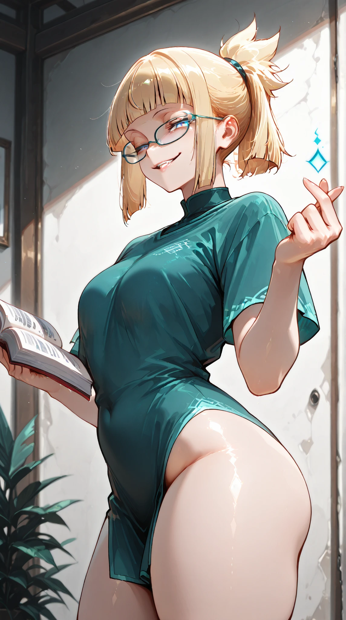 amicia michella - nijisanji, anime style, 1girl, brown short hair, yellow inner hair, wavy hair, green eyes, detailed eyes, girly face, blushed, seductive, wide hips, thick thighs, huge round ass, flat chested, full flat chest, nun, nun costume, nun dress, necklace, cross necklace, full body, church, praying pose, absurdres, high res, ultrasharp, 8K, masterpiece, looking at viewer