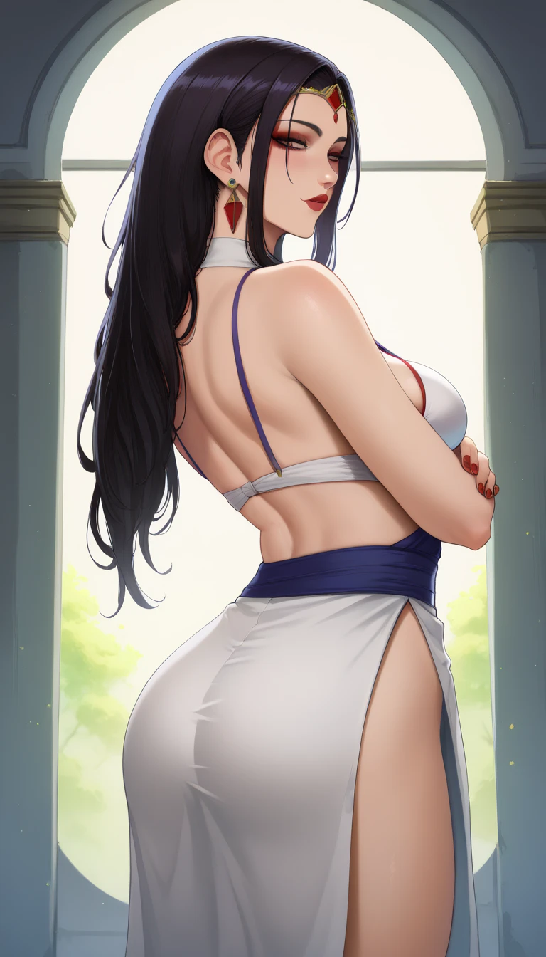 black hair,green eyes,(masterpiece, best quality, ultra detailed, absurdres:1.5), 1girl, (sexy, beautiful woman, perfect face, perfect eyes, perfect female body, large breasts:1.5), (Nariko_DG, very long hair, ponytail, gloves, Belt, armlet, jewelry, tube top, leg warmers, pelvic curtain, skirt, holding sword, ), (standing, outdoors, Japanese dojo in background, cherry blossoms), perfect lighting, smooth, hdr