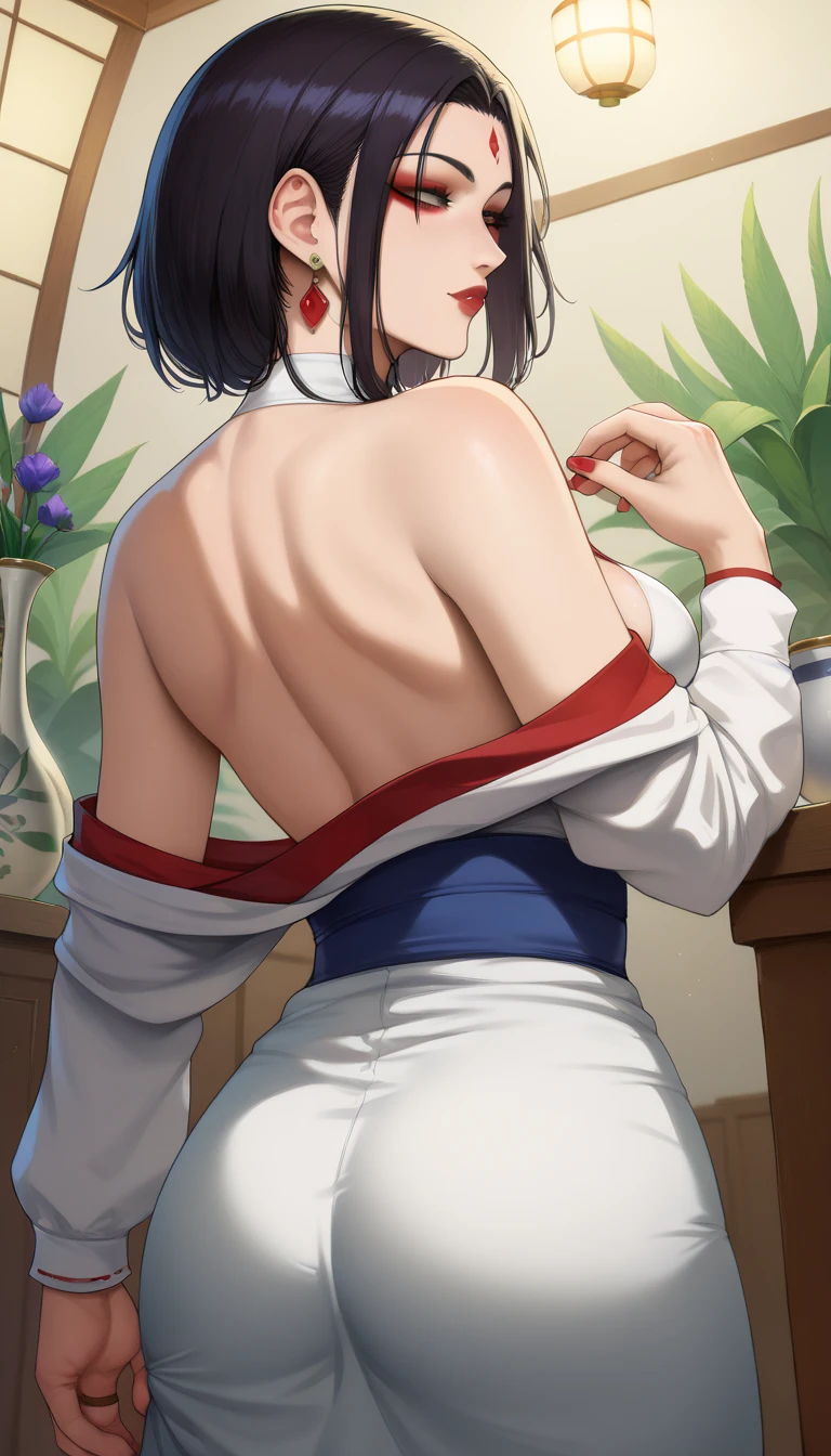 Masterpiece, High quality, illustration, your name movie style, A woman who is, Home, house, suit, Undressing, back, closing her eyes, Smiling, Close up
