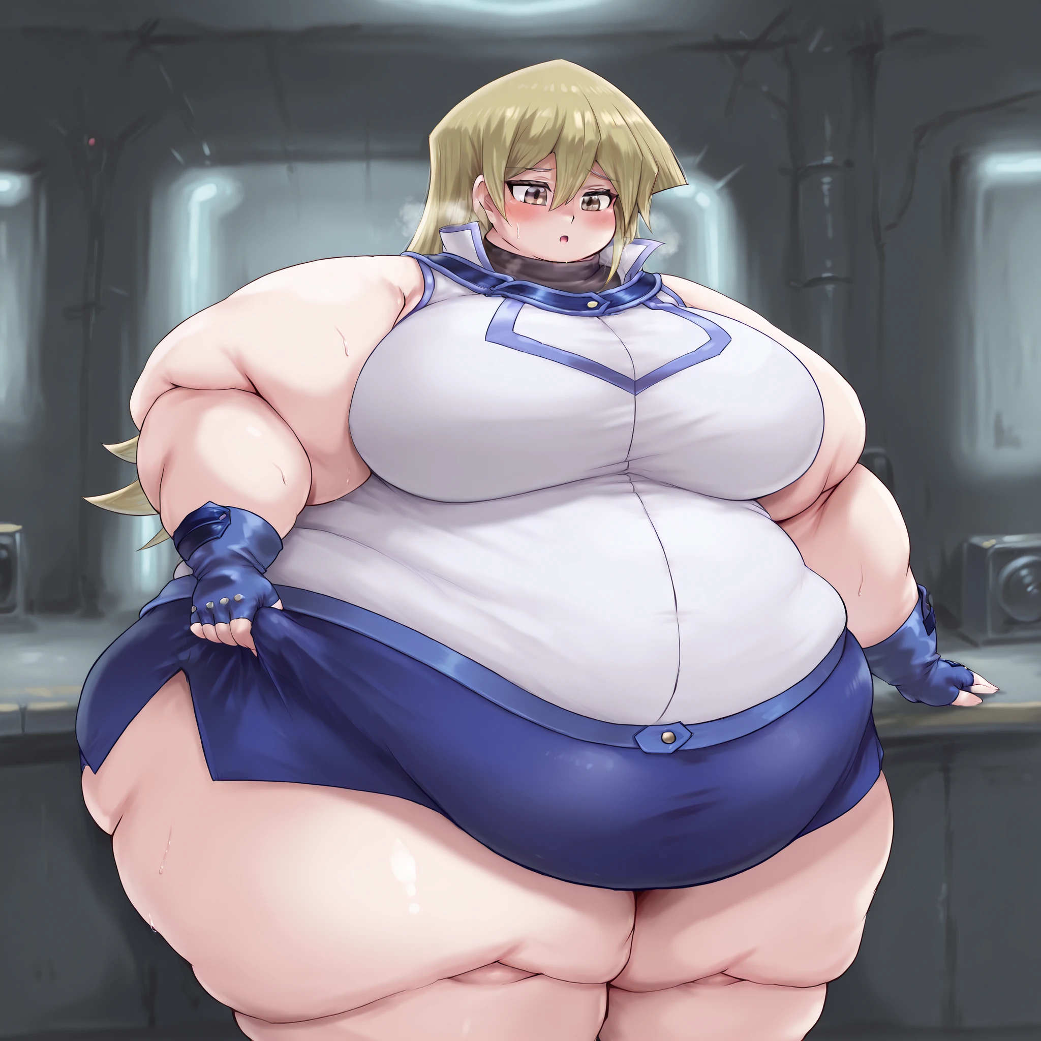 1girl, top heavy figure, (((incredibly big chest))), ((saggy chest)), plump, incredibly plump, ((big belly)), (((big tits))), pout, embarassed, wide, (((obese))), (((fat))), ((love handles)), double chin, out of shape, obese, fatty, tall woman, big bossom, ((milf)), big height, mature, standing, full body, bbw, ssbbw, shirogane noel, short hair,grey hair, green eyes, black bikini, black choker, pantyhose, high heel,