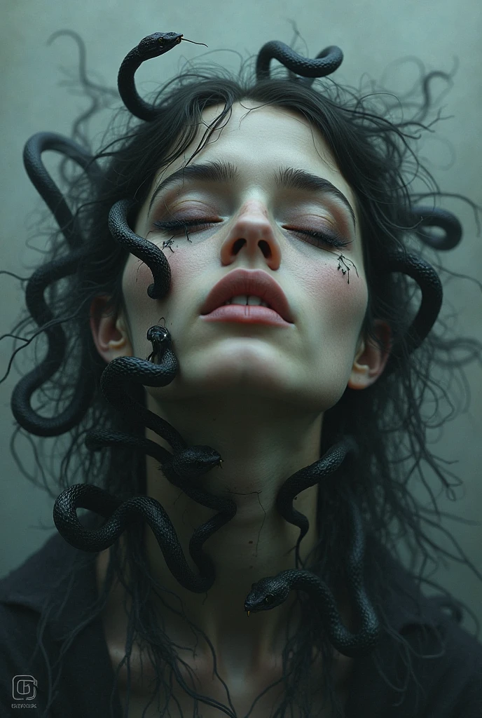 Une déesse souffrante faisant face au spectateur, allongée dans un liquide noir qui forme des monstres, elle y sombre.
