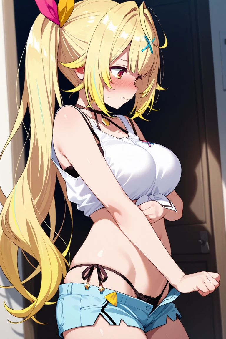 highest quality ,table top,alone,1 girl,blonde,long hair,brown eyes,good,panties,look down,evil smile,blush,sweating,Serenity of a Little Woman,big breasts,despise,vapor,butt,focusing,Sweat Bullet,Return to viewer,open your mouth,buttに手を当てる