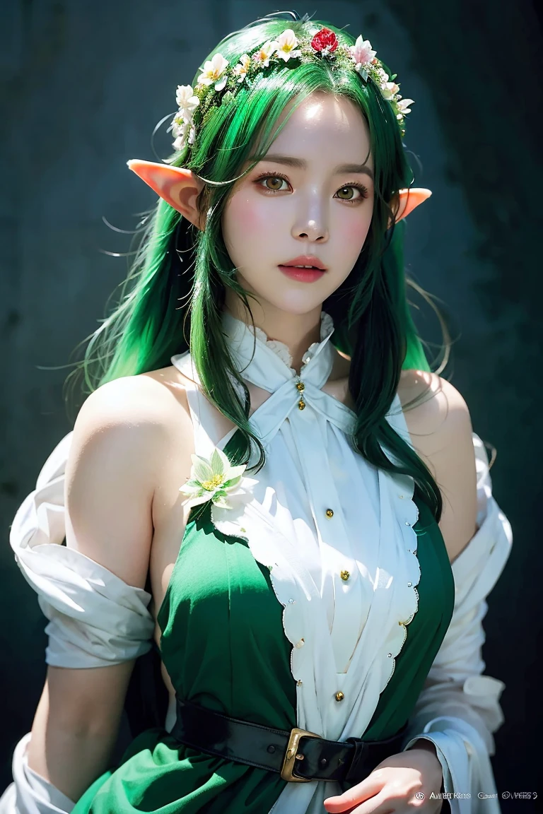 Top image quality、ultra-highresolution、Masterpiece、Photoquality(photo realistic image:1.8)、pores、accuracy、Green hair、slong hair、long pointed ears、elvish、full entire body、standing a、see through dress、holding a daggers、choker、tiny breast、Beautiful face、20-year-old、forests、forest fae、
