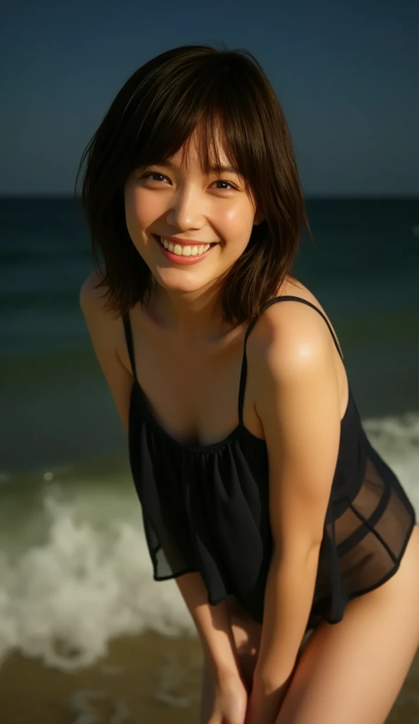 ((highest quality、8K resolution、master masterpiece、portrait:1.3)), Photoreal, 35mm film, 1 Japanese female,Beautiful woman, On the street in the daytime, wrinkles around the eyes, flat chest、smile,((Black see-through sexy lingerie:1.3)) , (on the beach: 1.3), jumbled background,look at the audience