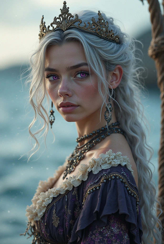 Princesa Maelys Veleryon, black, braided silver hair, lilac eyes with a necklace with a seahorse as a pendant, with blood spattered clothes riding a huge black dragon