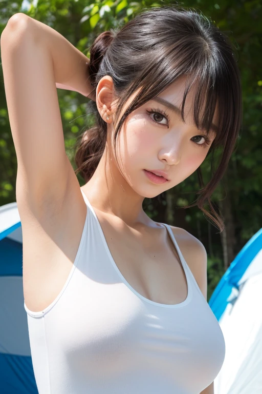 (masterpiece:1.2), highest quality, High resolution, Realistic, (A Japanese woman is standing, The girl is a cute tennis player), ((Not wearing a bra, Small breasts, The shape of the nipples is visible even through clothing)), ((Baby Face)), ((Small breasts)), (thin), (No makeup) , (((Sweaty armpits))) , Armpit depression